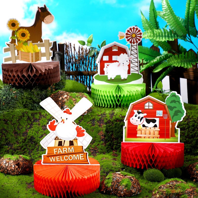 Threan 6 Pcs Farm Animals Party Decorations Honeycomb Centerpieces Farm Themed Cake Balls Table Toppers Barn, Birthday Party Supplies for 3D Table Decoration Baby Shower - Image 4